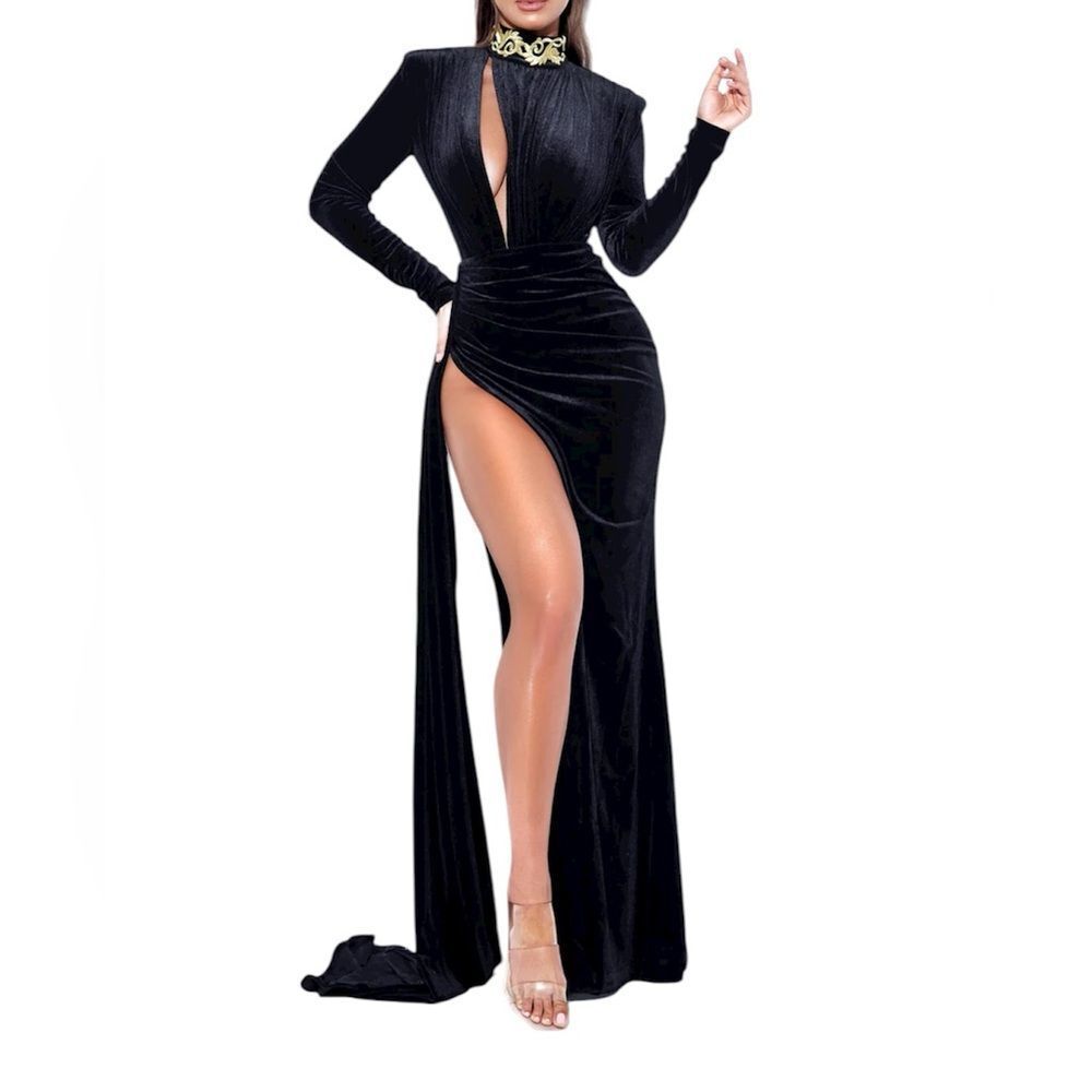 Miss Circle Zenaida Black Cutout High Slit Velvet Gown Size Small